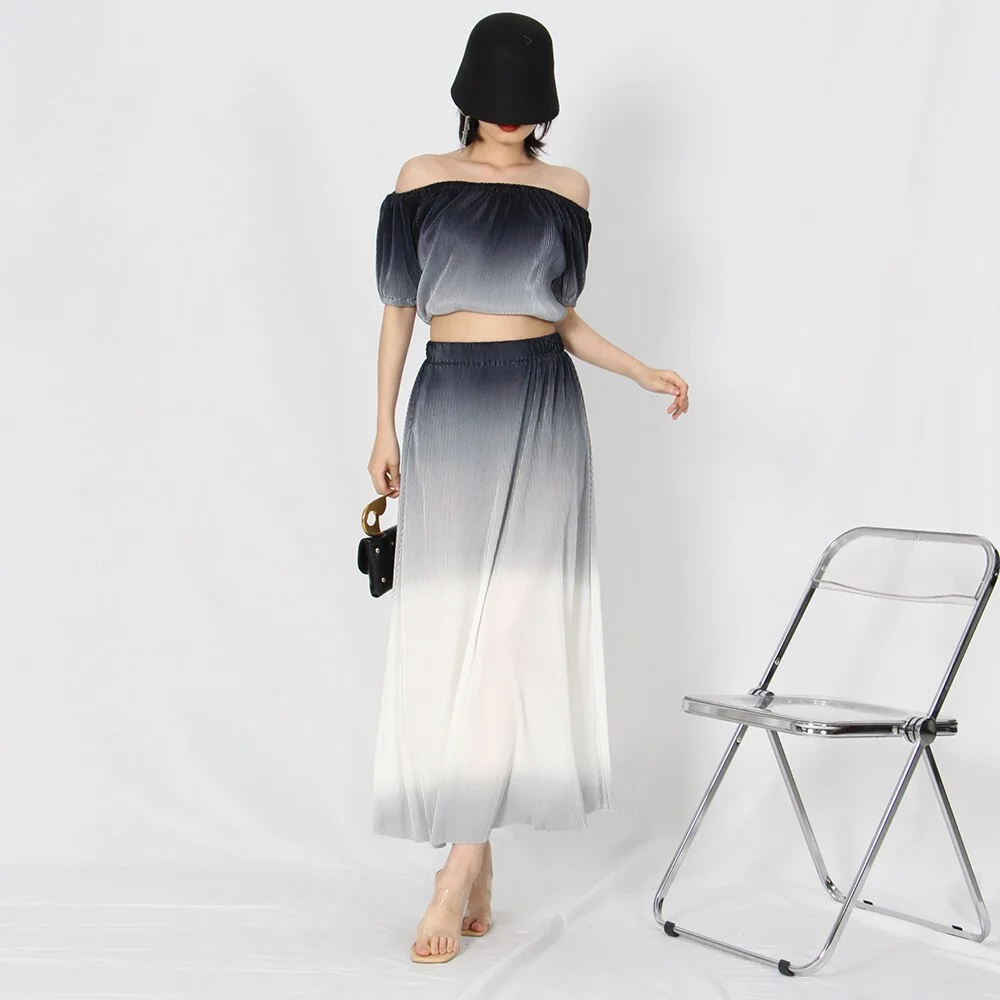 Toloer TWOTWINSTYLE Ombre Summer Two Piece Set Womens Slash Neck Short Sleeve Tops High Waist Midi Skirts Colorblock Sets Female Style