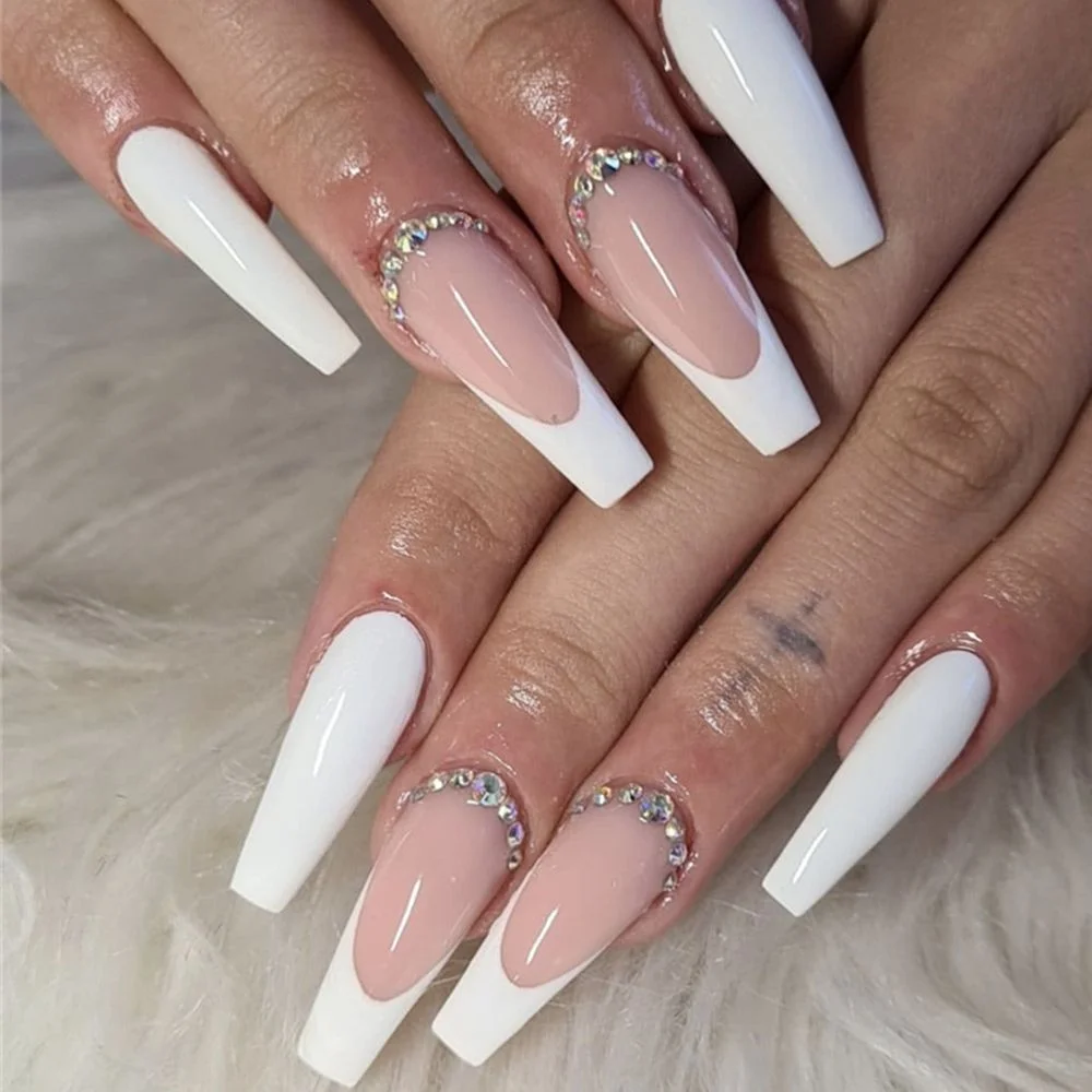 24pcs Rhinestone Long Ballerina False Nails With Designs Wearable Coffin Fake Nails Full Cover Press On Nail Tips DIY Accessory