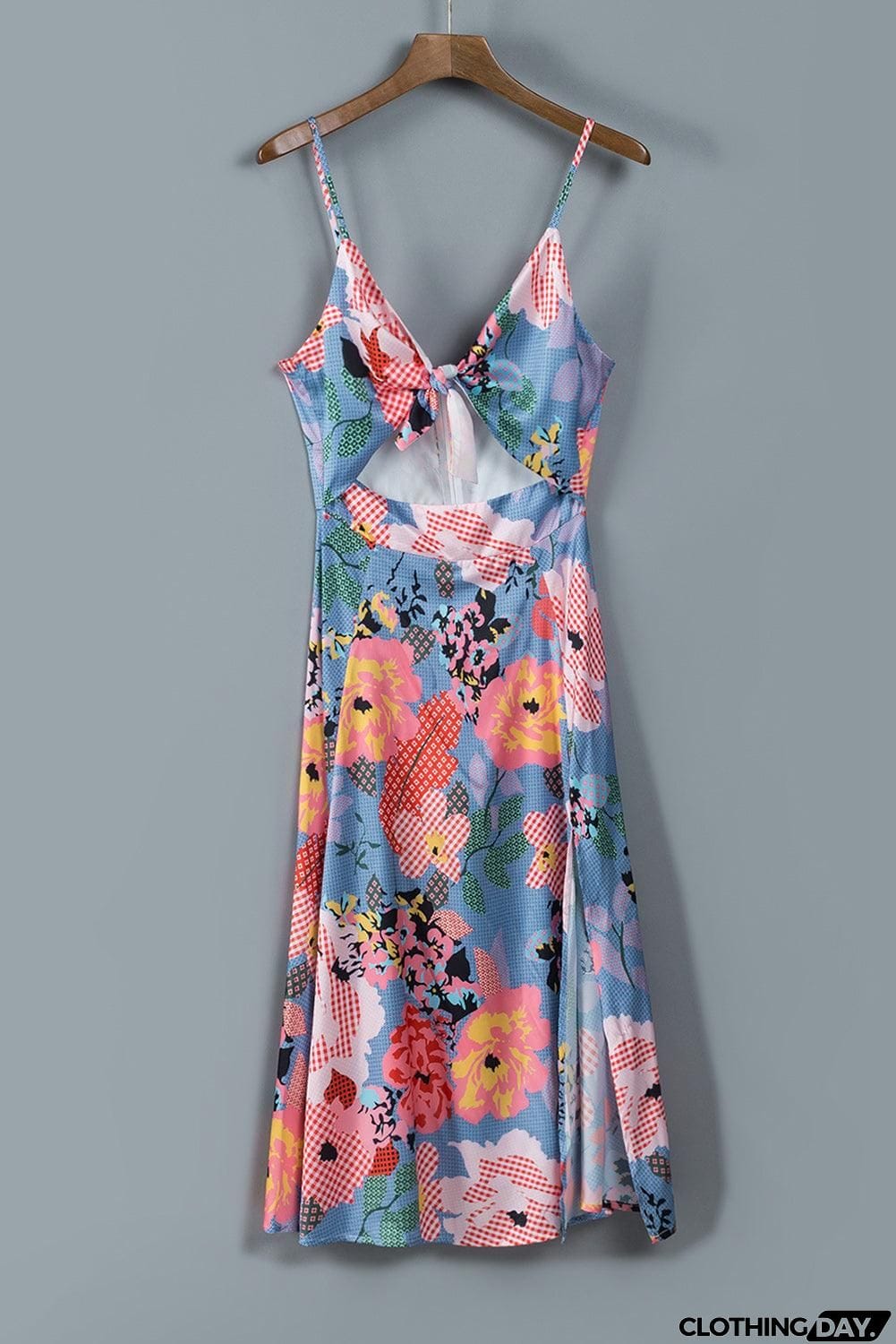 Floral Tied Cutout Split Spaghetti Strap Dress