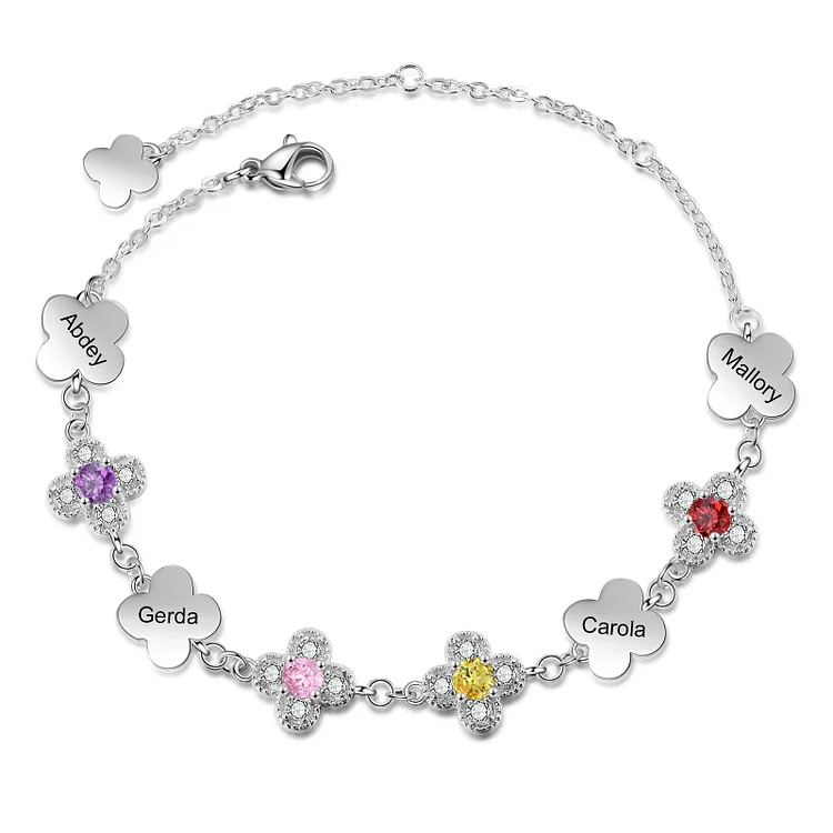 Personalized Four Leaf Clover Bracelet Custom 4 Birthstones Bracelet for Her