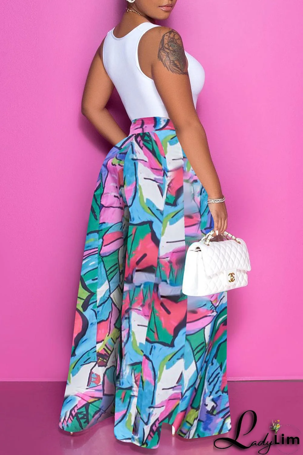 Colorful Blue Casual Street Print Split Joint Loose High Waist Wide Leg Full Print Bottoms