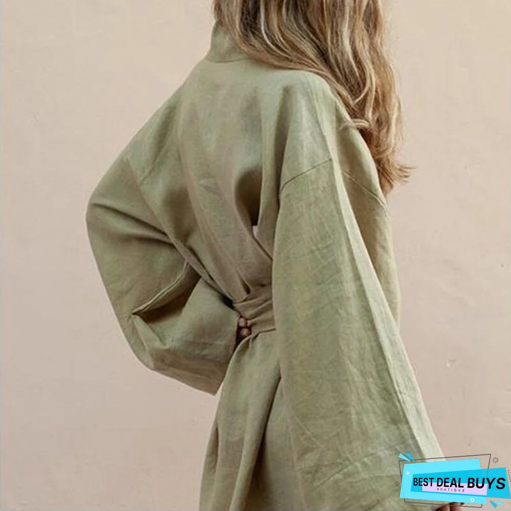 Women's Cardigan Dress Solid Color Loose Cotton Linen Medium Length Shirt Skirt Linen