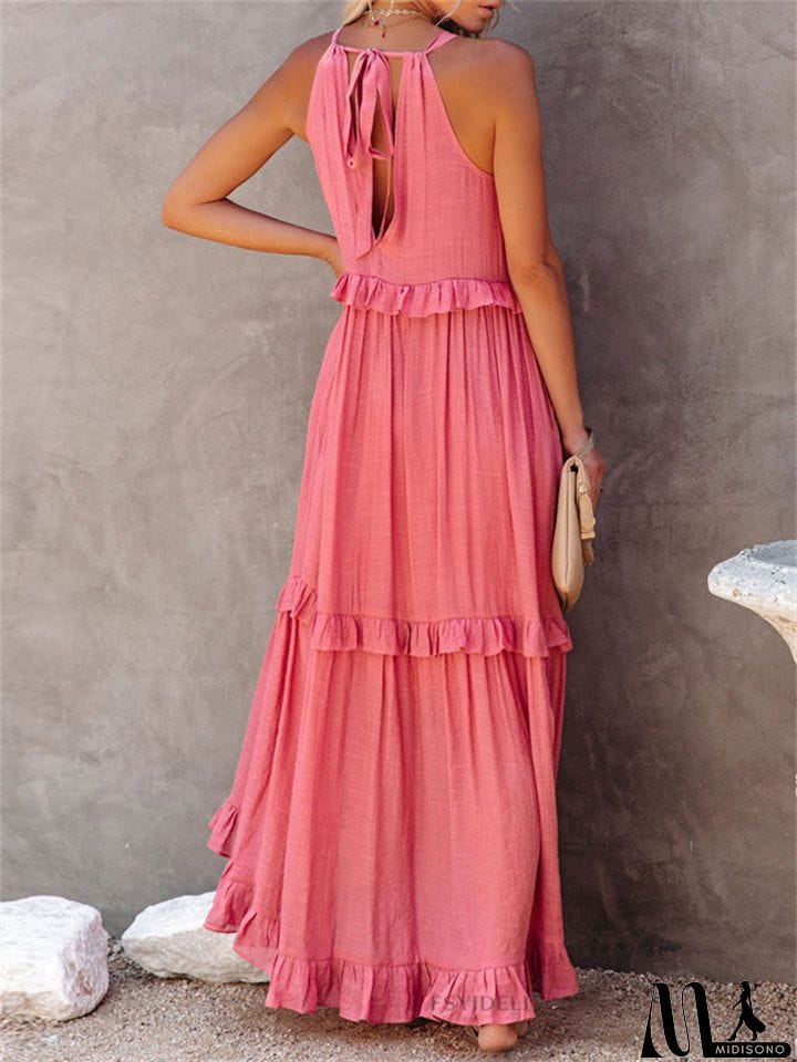 MidiSono - Romantic Ruffles Swing Sleeveless Halter Maxi Dress for Women