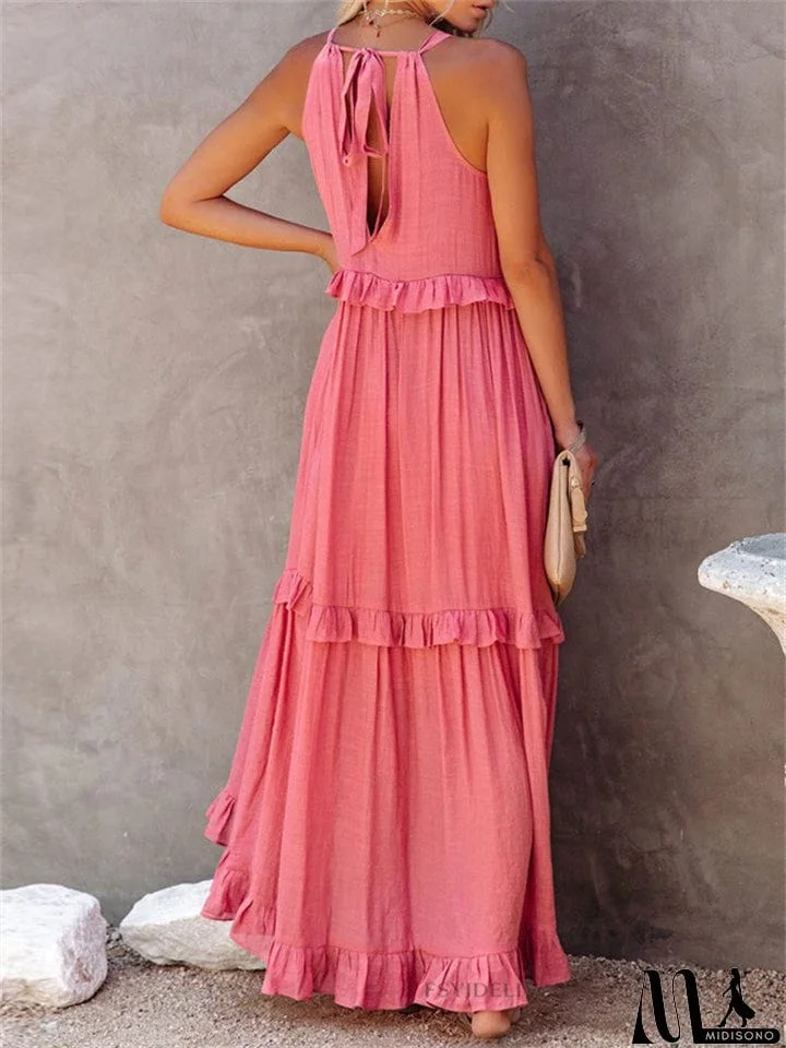 MidiSono - Romantic Ruffles Swing Sleeveless Halter Maxi Dress for Women