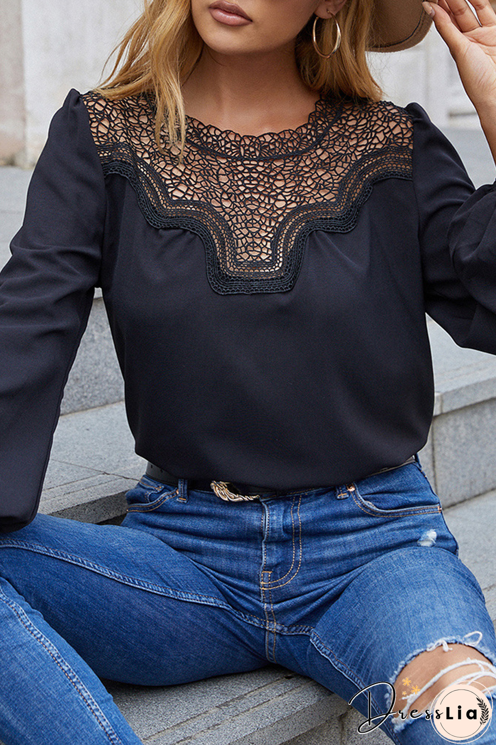 Casual Solid Lace Hollowed Out Split Joint O Neck Tops