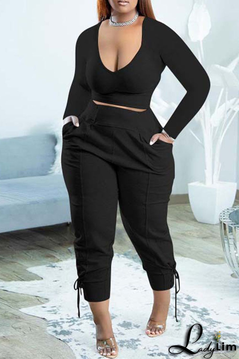 Yellow Casual Solid Bandage Patchwork V Neck Long Sleeve Two Pieces