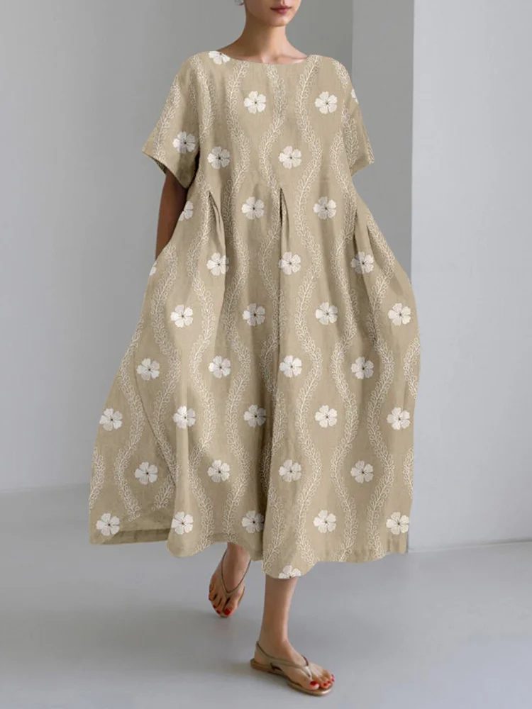 Vintage Floral Embroidered Linen Blend Maxi Dress