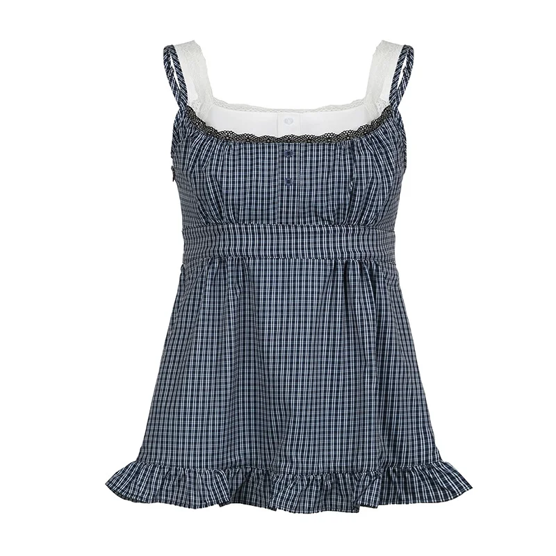 Ueong Summer Women's Wear Ins Online Celebrity Street Hot Girls New Plaid Fake Two Lace Folded Vests