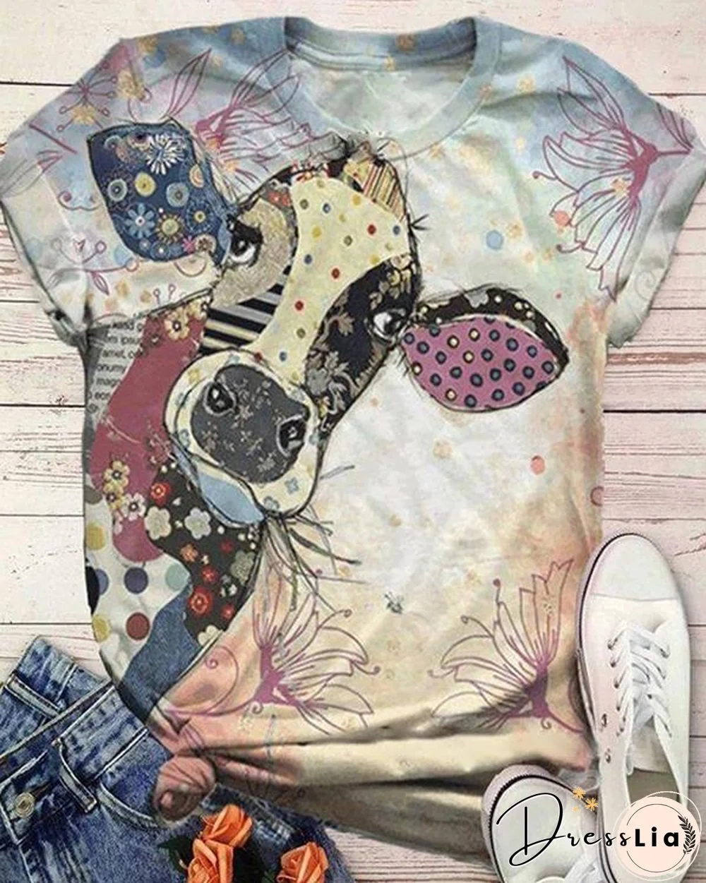 Plus Size Animal Printed Short Sleeve Crew Neck Casual Shirts & Tops