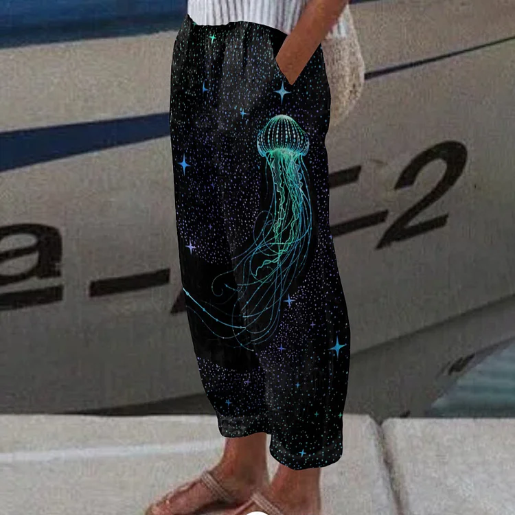 Colorful Starry Sky Jellyfish Print Casual Pocket Pants
