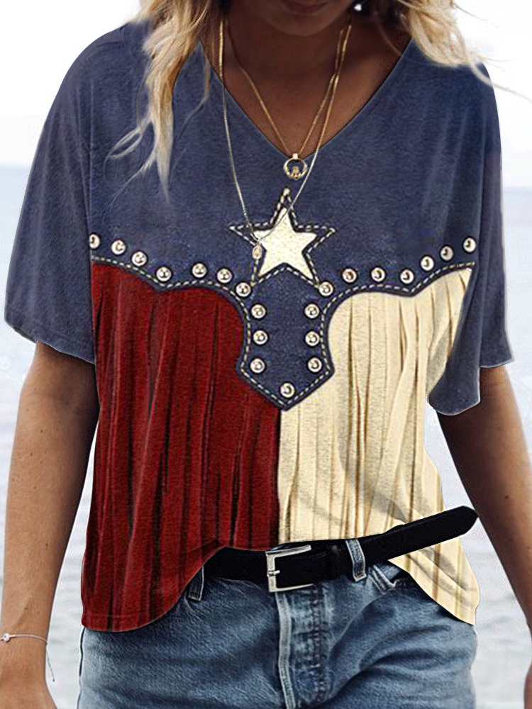 Comstylish Texas Flag Leather Fringe Vintage V-neck T-Shirt