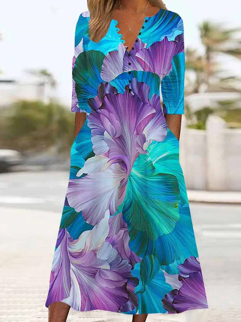 Women Graphic,Blue DZHB8385 Long Sleeve V-Neck Graphic Printed Midi Dress