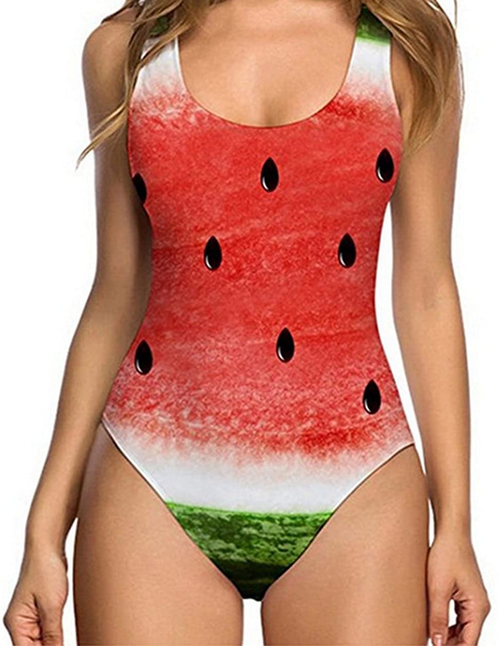 Women Sexy One Piece 3D Fruit Print Bikini Swimsuits High Cut Monokini Bathing Suit