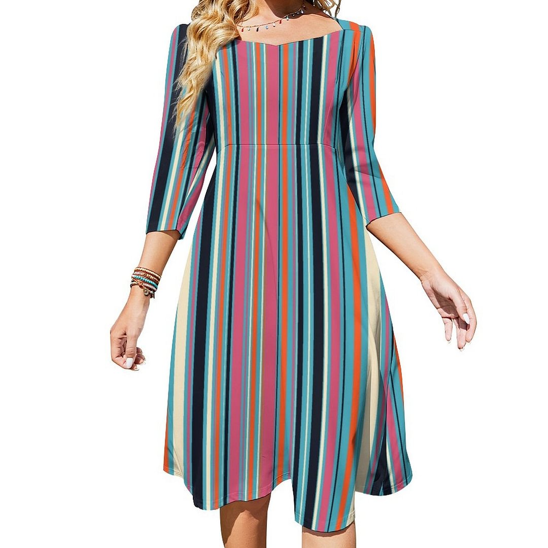 Fresh Stripe Pattern Dress Sweetheart Tie Back Flared 3/4 Sleeve Midi Dresses