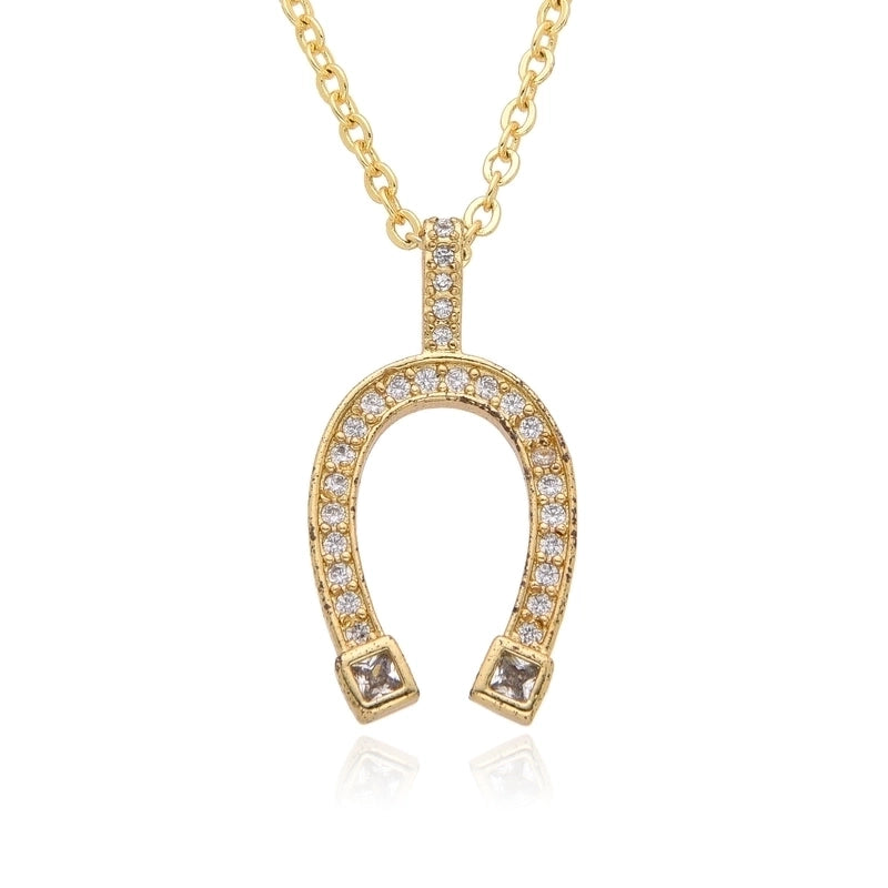 Copper 18K Gold Plated Inlay Horseshoe Zirconia Pendant Necklace