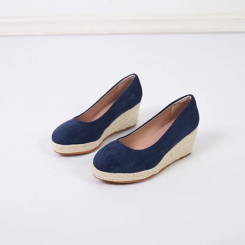 Wongn Wongn And Autumn Slope With Thick Bottom High Heel Round Head Shallow Single Shoes Women Grass Hemp Rope Bottom