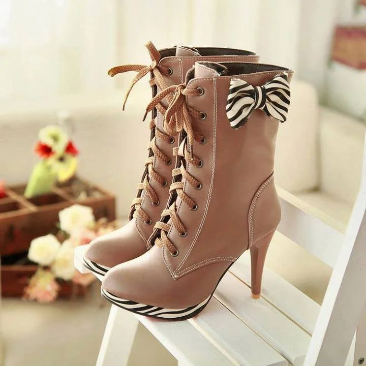 Khaki Lace up Boots Round Toe Platform Mid-calf Boots with Bow |FSJ Shoes