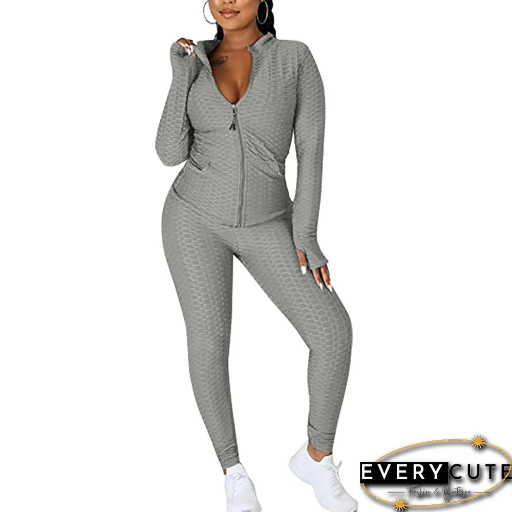 Gray Jacquard Bubble Long Sleeve Jacket with Pant Sports Set