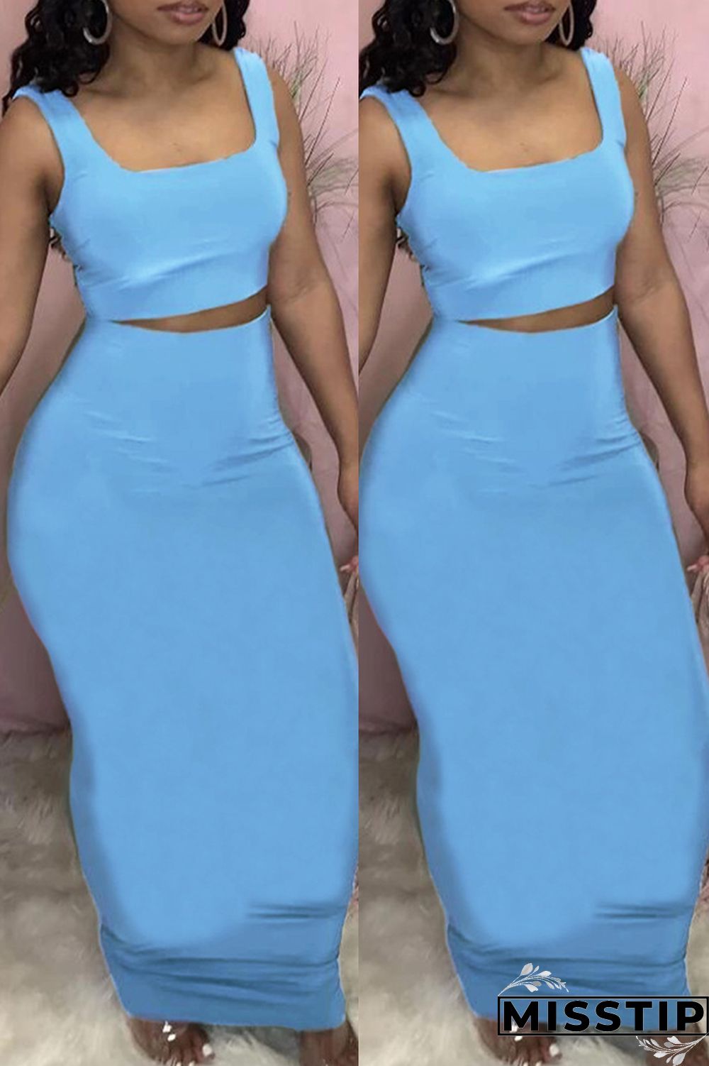 Light Blue Casual Solid Vests Square Collar Sleeveless Two Pieces