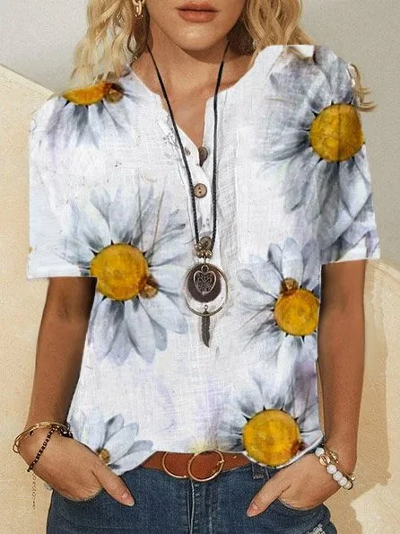 Short Sleeve Shift Cotton-Blend Casual Blouse