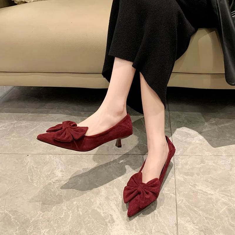Yyvonne Heel Temperament Single-Shoe Women's Shoes Spring New Velvet Face Sweet Pointed Bow Bow Low Heel Shallow Women's Shoes