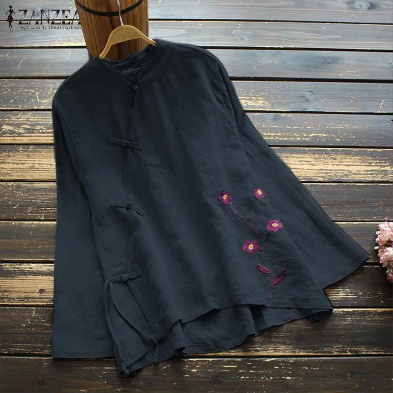 ZANZEA Women Vintage Floral Embroidery Blouse Summer Long Sleeve Buttons Shirt Casual Loose Blusas Chemise  Tops Tunic