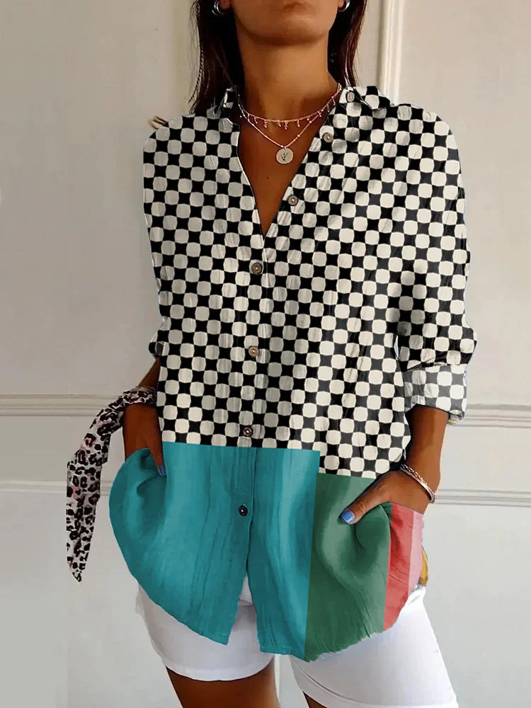 Vintage Checkerboard Abstract Art Print Casual Long-sleeved Shirt
