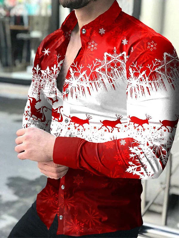 Men Long Sleeve V-neck Christmas Graphic Printed Buttons Shirts