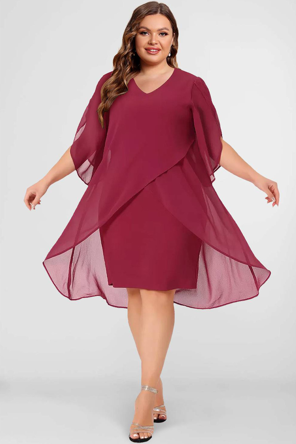 Flycurvy Plus Size Everyday Burgundy Chiffon Batwing Sleeve Bodycon 2 in 1 Midi Dress