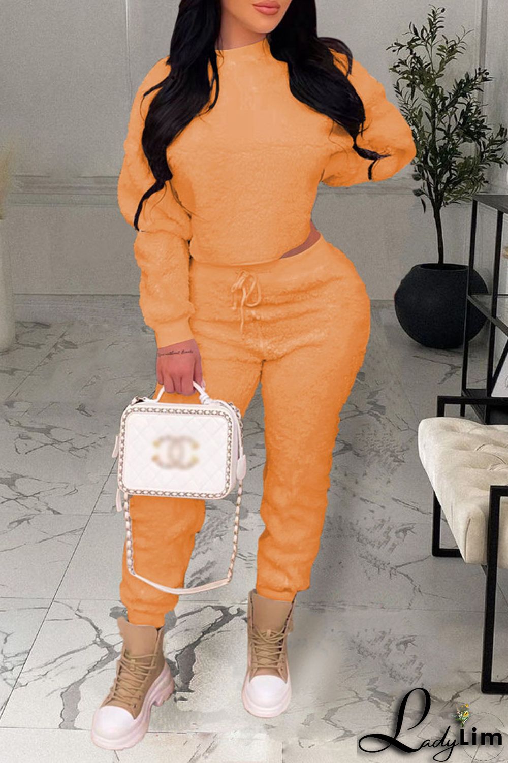 Coffee Casual Solid Split Joint O Neck Long Sleeve Two Pieces