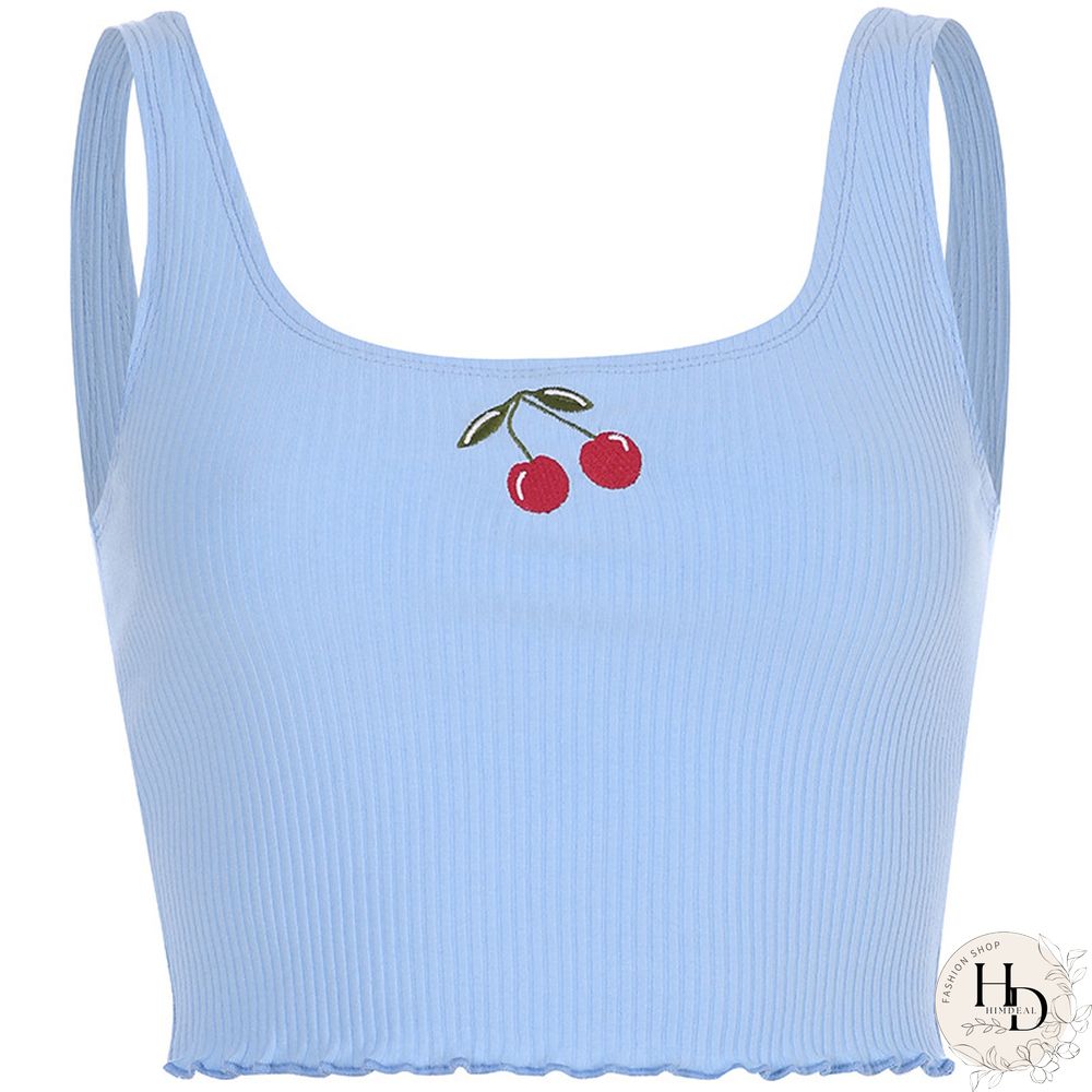 Cotton Ribbed Cherry Embroidery Tank Top Sweet Fashion Cropped Sleeveless Summer Top Vest New Crop Tops Clothing