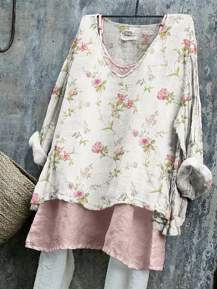 Simpfit Vintage Cottagecore Rosa Blumen Nachahmung aus Nachahmung aus Baumwolle und Leinen Tunika