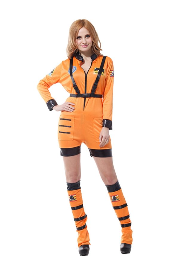 Sexy Astronaut Rocket Space Girl Romper Adult Halloween Costume Orange-elleschic