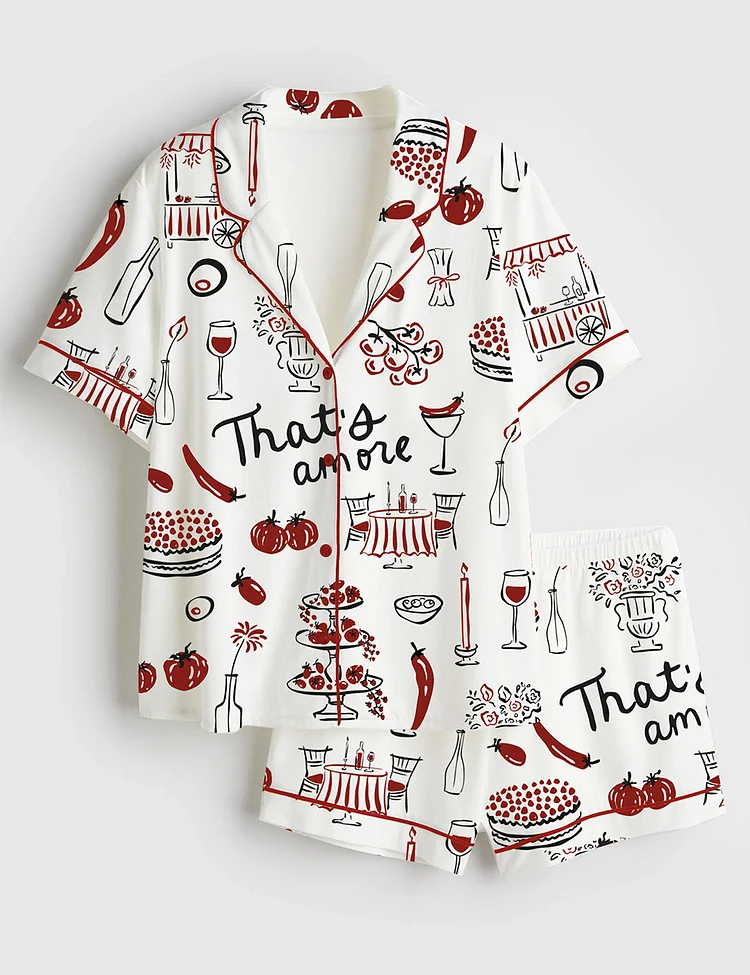 Women&rsquo;s Hand Drawn Whimsical Illustrations Of Italian Food Italian Wedding Print Short Sleeve Satin Pajama Set