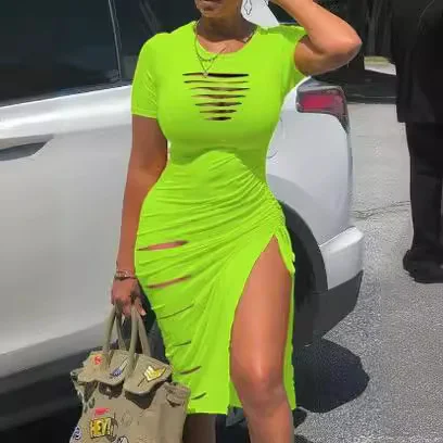 Wongn Wongn Sexy Round Collar Short Sleeve Slit Pleated Dress