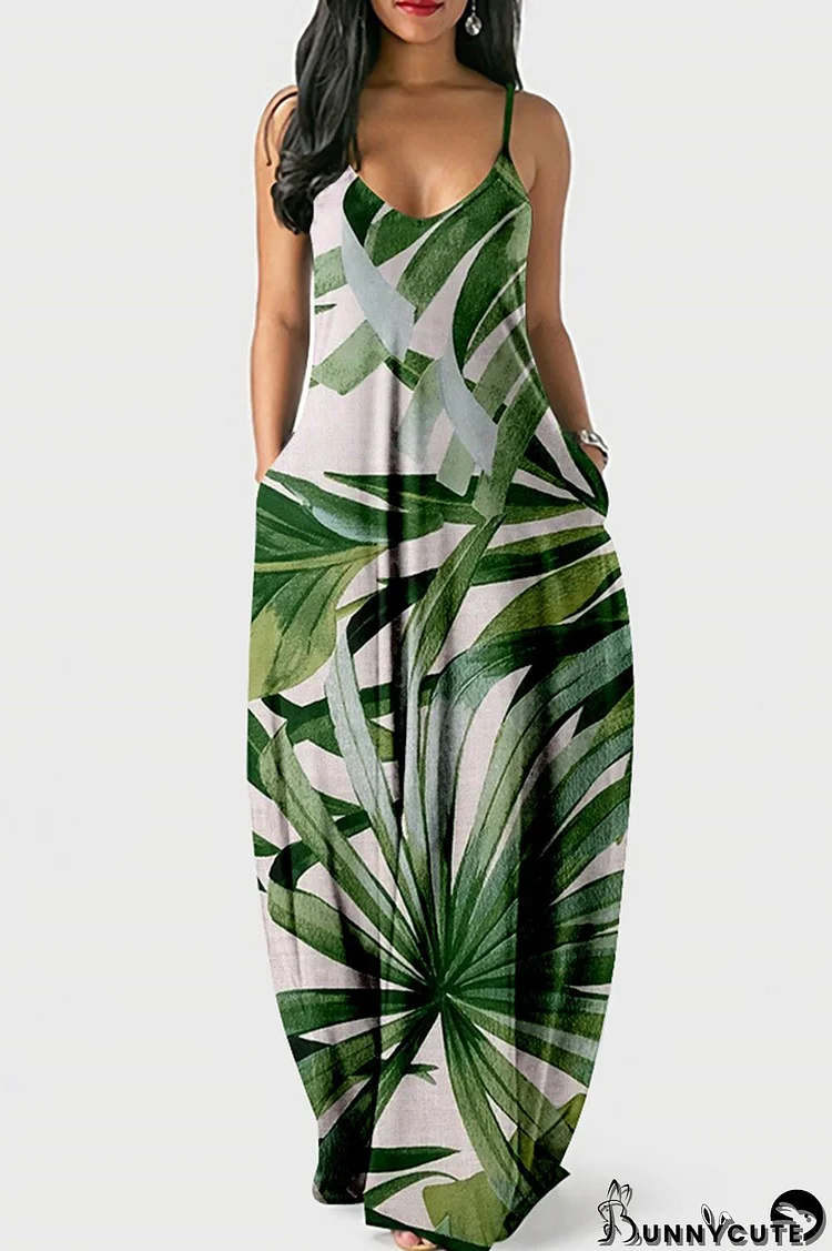 White Green Fashion Sexy Print Backless Spaghetti Strap Long Dress