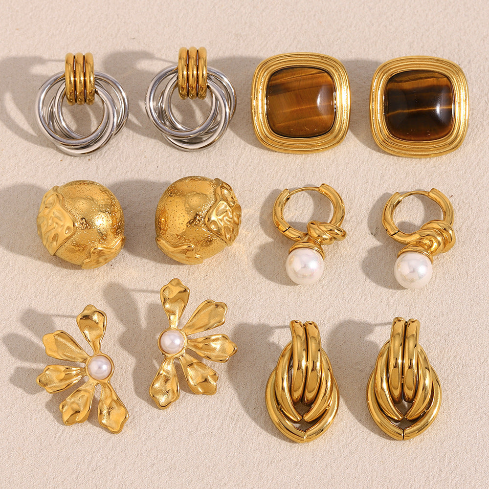 Hot Selling Second-Hand Niche Stainless Steel 18K Gold Plated Flower Pearl Pattern Square Black Jade Earrings For Women