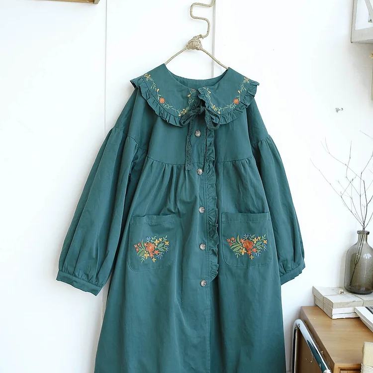 Queenfunky cottagecore style Cute Embroidered Oversized Cotton Fleece Lined Coat QueenFunky