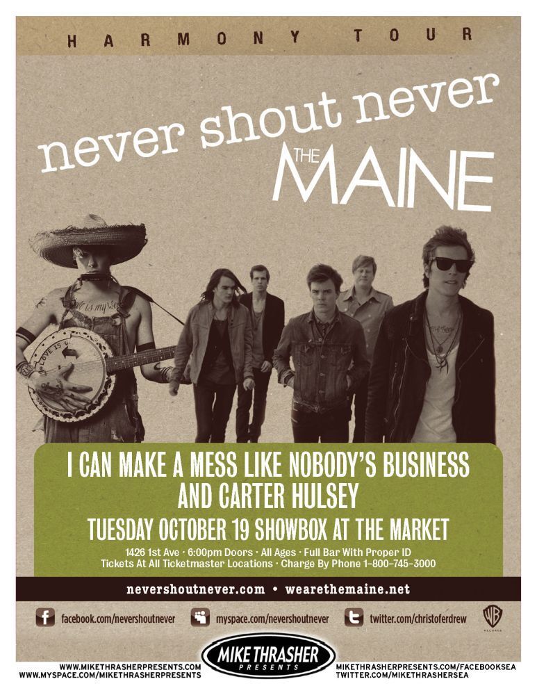 NEVER SHOUT NEVER Gig POSTER Oct. 2010 Seattle Washington Concert