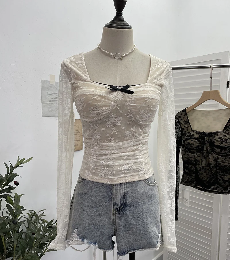 Uveng Real Pat With Chest Cushion Square Collar Bow Lace Long Sleeve Bottom Top Dress Slim Slim Short Shirt 9520