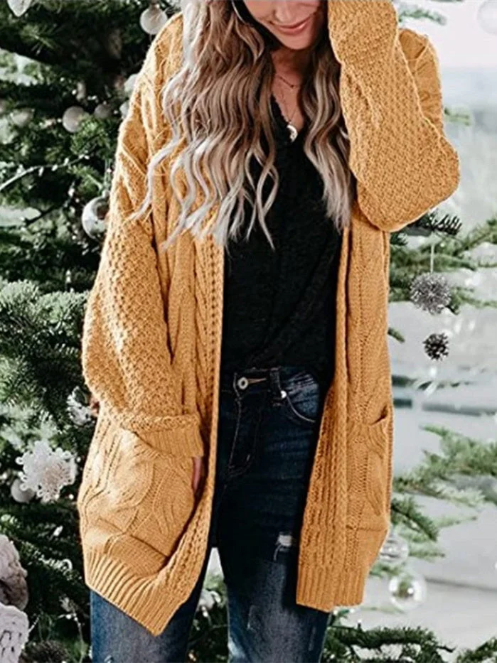 Women plus size clothing Women's Solid Color V-neck Long Sleeve Twist Knitted Jacket Sweater Coat-Nordswear