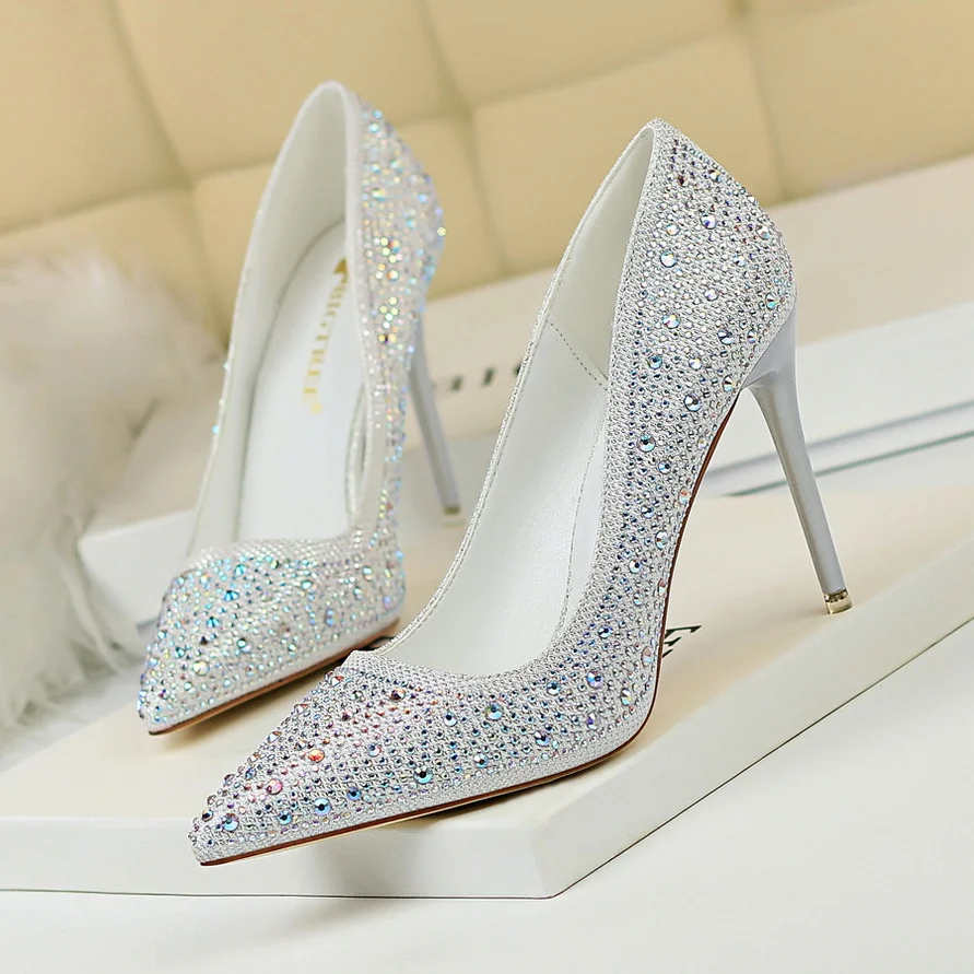 Colourp Colourp Korean Version Of Fashion Banquet Women's Shoes Thin Heel Shallow Mouth Pointed Head Sexy Show Thin Water Diamond Color Diamond High Heel Single Shoes