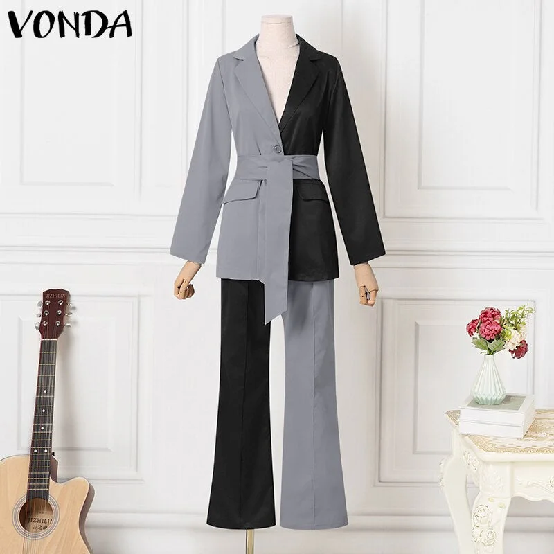 Women Long Sleeve Lapel Suit 2022 Casual Blazer Ropa De Mujer Jackets VONDA OL Office Formal Coats Long Trousers Suits 2PCS
