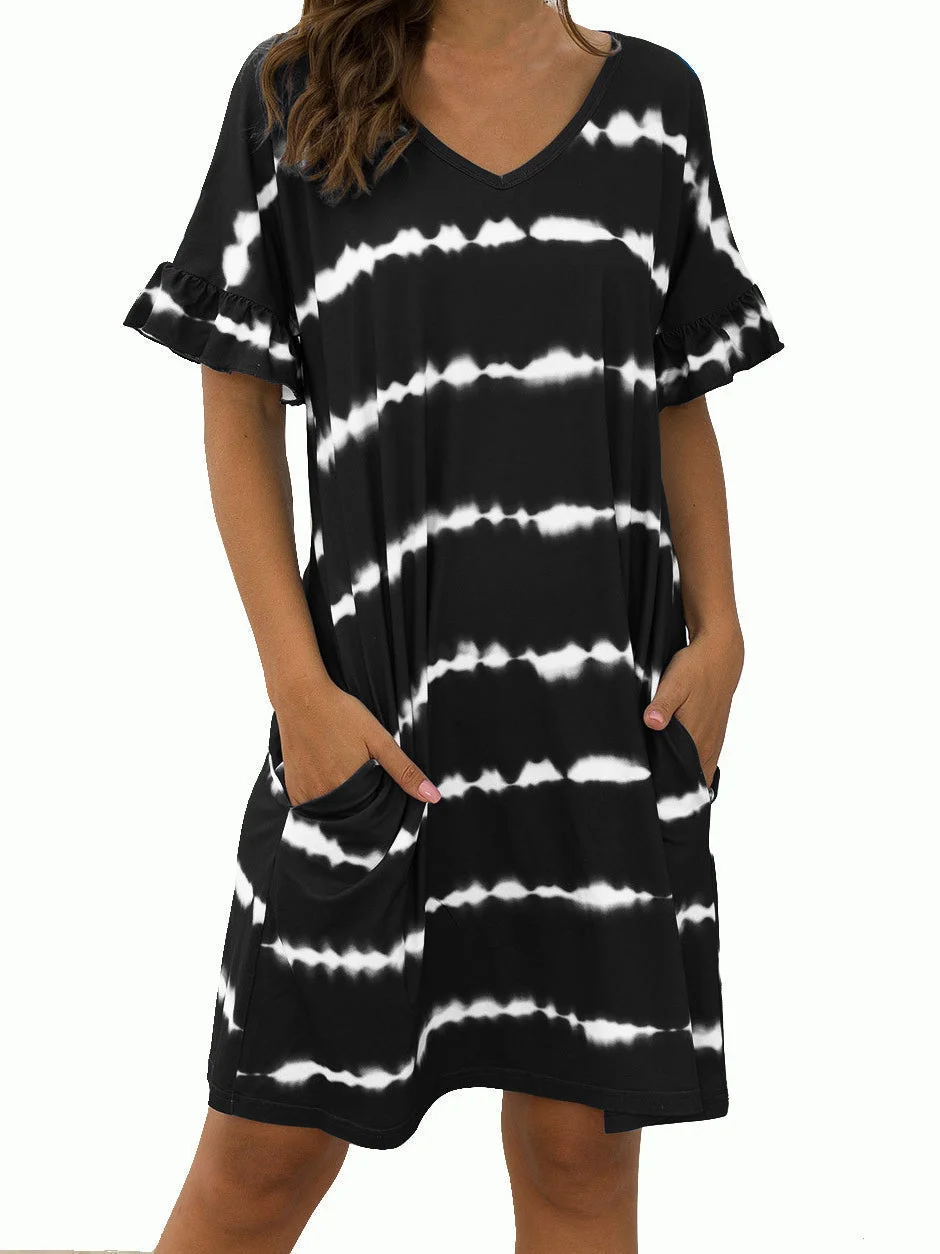 Women Tie-dye Printed Short Sleeve V-neck Midi Dress With Pockets