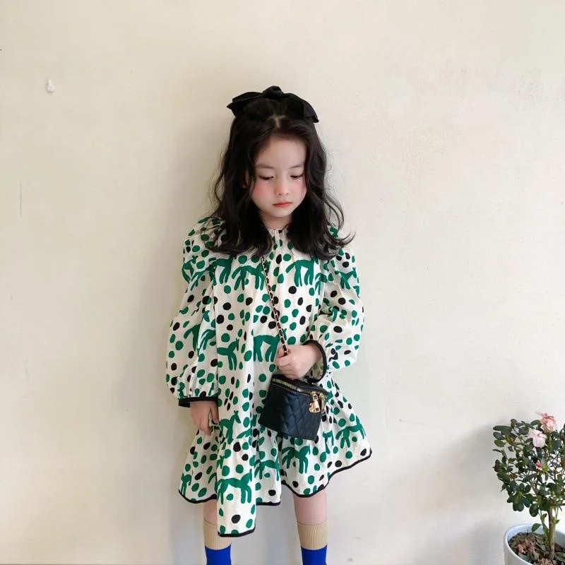 Retro Baby Spring Summer Girls Cotton Dress Kids Teenagers Children Clothes Outwear Puff Long Sleeve High Quality