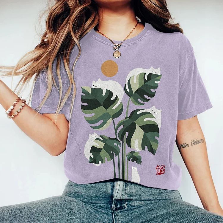 Abstract Creative Cute Cat And Plant Sun Painting Art T-Shirt