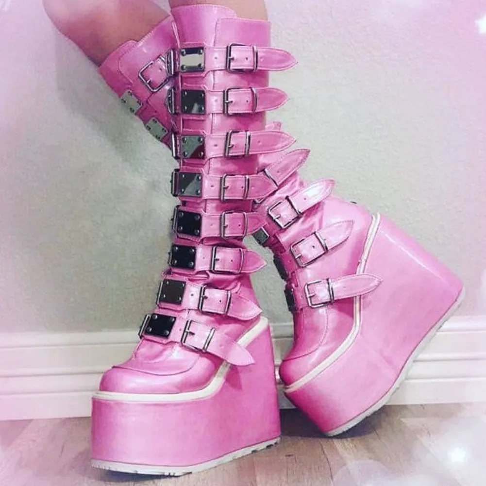 BONJOMARISA New Arrivals Punk Platform Cool Chunky High Wedges Mid Calf Boots Autumn Buckle Trendy Multicolor Party Cos Shoes
