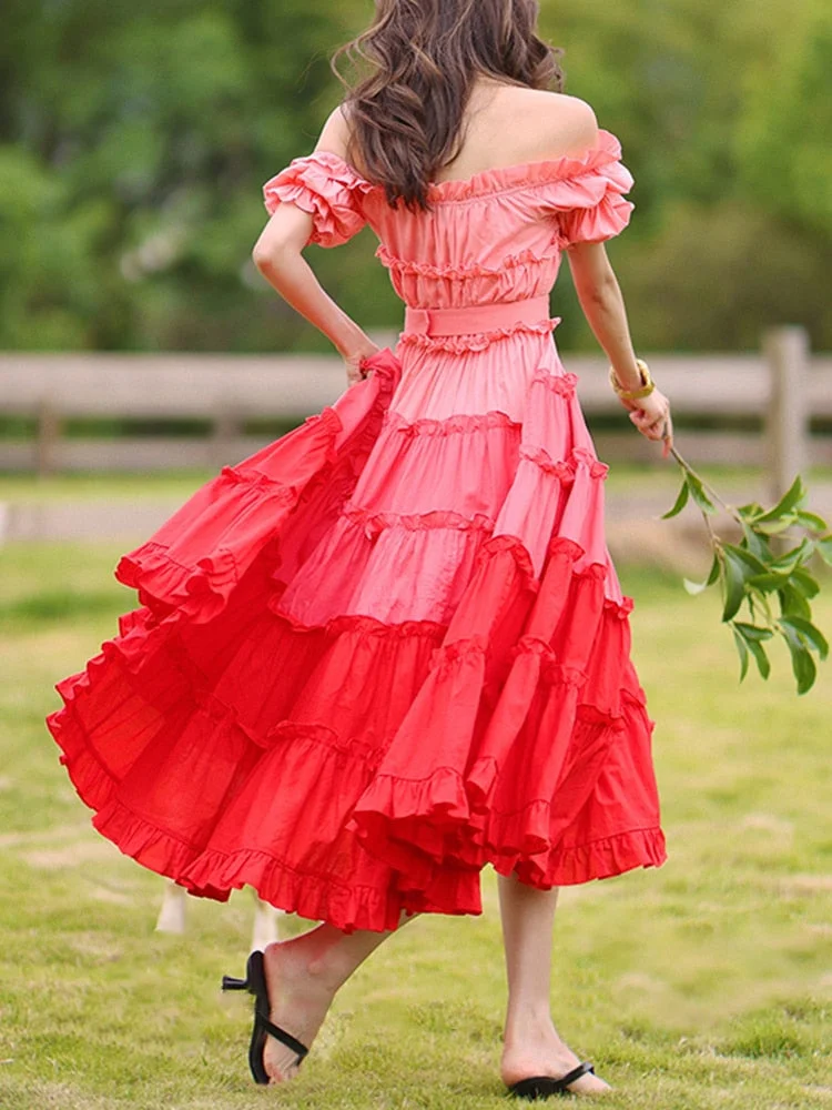 Oocharger Casual Midi Dress For Women Slash Neck Short Sleeve High Waist Patchwork Colorblock Long Dresses Female Summer 2023