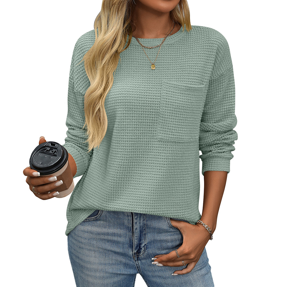 Mature Women Waffle Round Neck Pocket Loose Pullover T-shirt Top