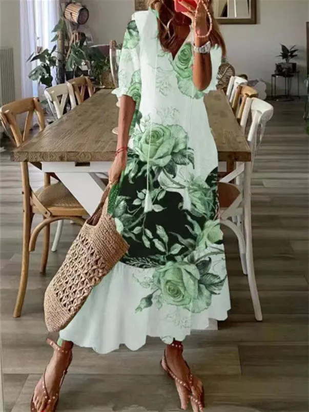 Women's Short-sleeve V-neck Floral Print Fashion Casual Dress